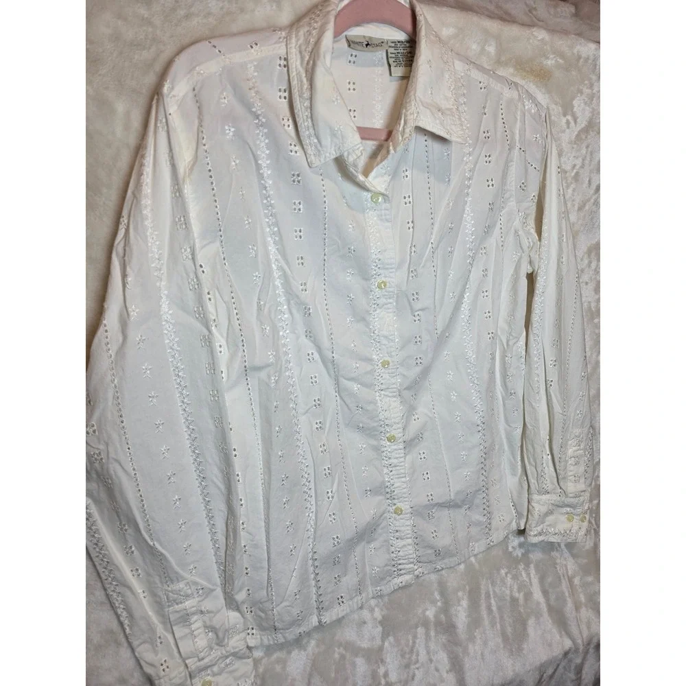 White Stag Women White Eyelet Embroidered Cotton Button Down Shirt‎ Size M 8/10